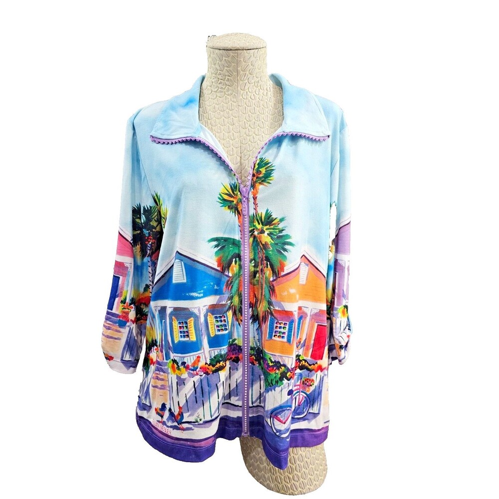 Ellen Negley LP‎ Tropical Rhinestone Zip Up Jacket Sweatshirt Tunic Art EUC